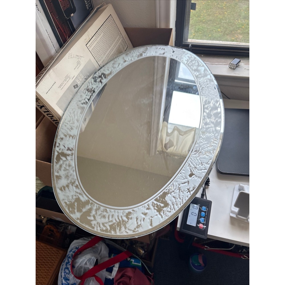 Vintage Oval Frosted Floral Border Frameless‎ Wall Mirror 24x16 Silver